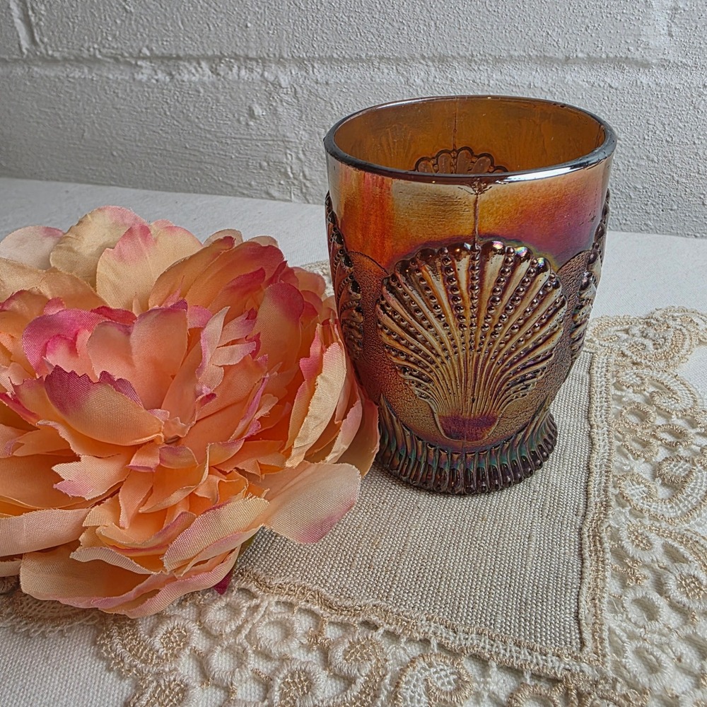 Antique 1900s Dugan Glass Beaded Shell Carnival Glass Tumbler Iridescent Orange